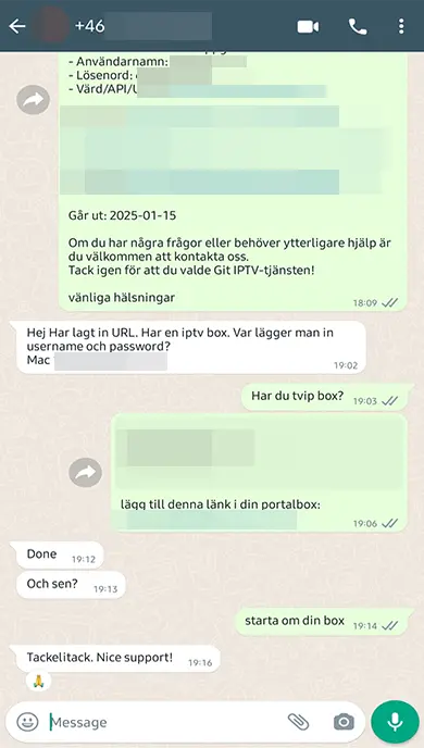 WhatsApp screenshot of client reviews for Nordic TV