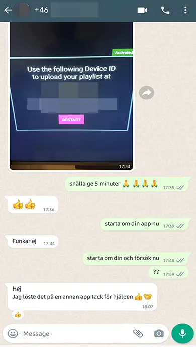 WhatsApp-skärmdump av kundrecensioner för Nordic TV
