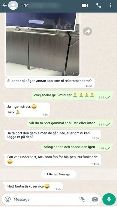 WhatsApp screenshot of client reviews for Nordic TV